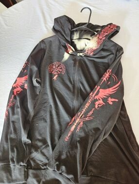 Black Zip-Up Hoodie with Red Viking Graphics